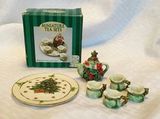 Vintage Miniature Christmas Tea Set Resin Tree Holly Mini 1995 C&F Enterprises