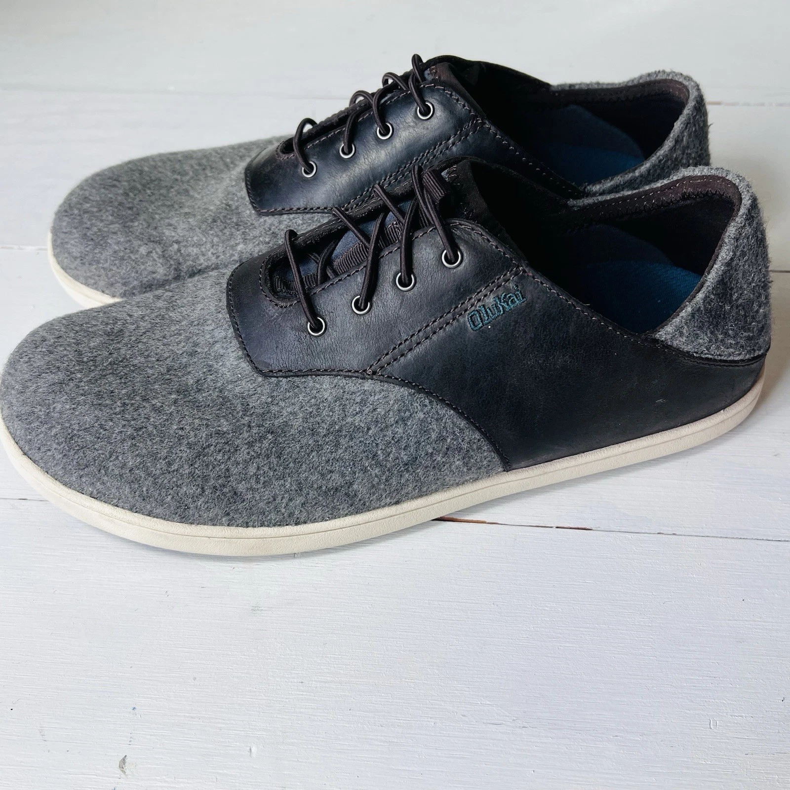 Olukai Nohea Moku Hulu Mens 10 Gray Brown Wool Slip On Casual Sneakers Shoes