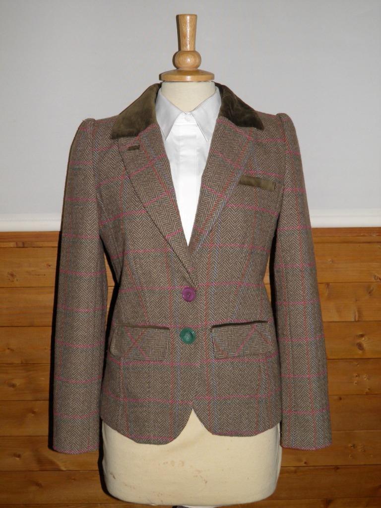 Joe Browns Women's Green Tweed Jacket With Pink Check Size UK 10