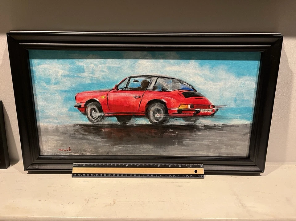 Original Porsche 911 Carrera Targa Rojo Deportivo Coche Clásico Pintura Coleccionistas Arte Foto 4 de 4
