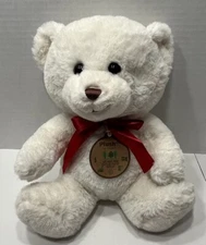 Hugfun Holiday Bear Plush Eco Friendly White W/ Red Bow 10inch Made From Bottles