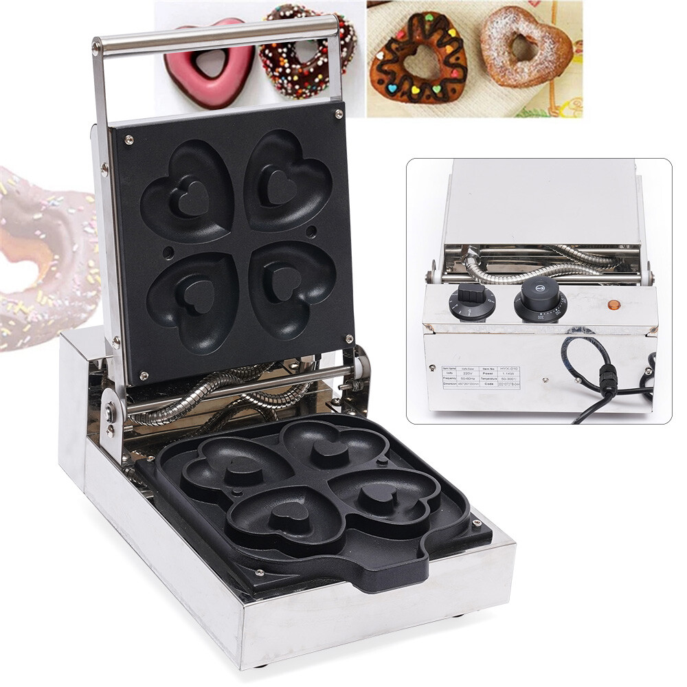 Mini máquina de gofres eléctrica comercial para hacer donas en forma de corazón 4 piezas