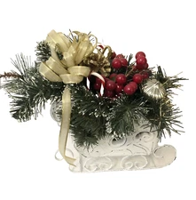 Metal Sleigh Sled Christmas Centerpiece Holiday Pinecone Berries Greenery Decor