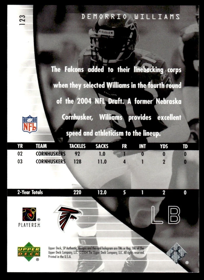2004 SP Authentic Demorrio Williams /1199 Atlanta Falcons #123 R58 - Image 2 of 2