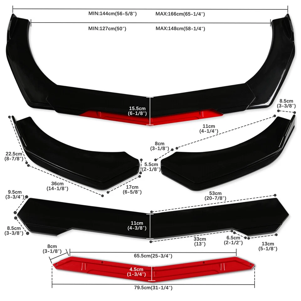 Front Bumper Lip Spoiler Splitter Glossy Black + Red w/Strut Rods For Porsche - Image 2 of 4