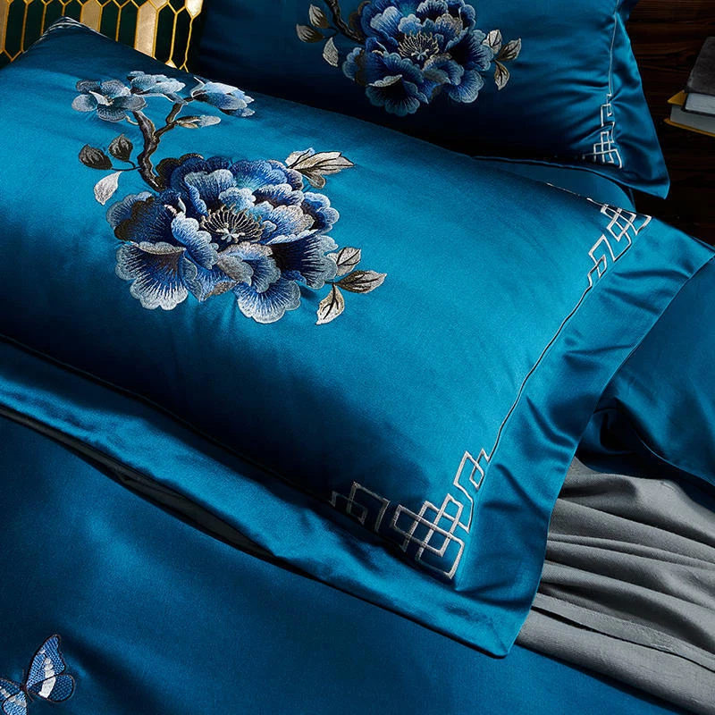 4pcs Bedding Set Luxury Real Silk & Cotton Embroidery Duvet Cover Set Flat Sheet - Image 2 of 4