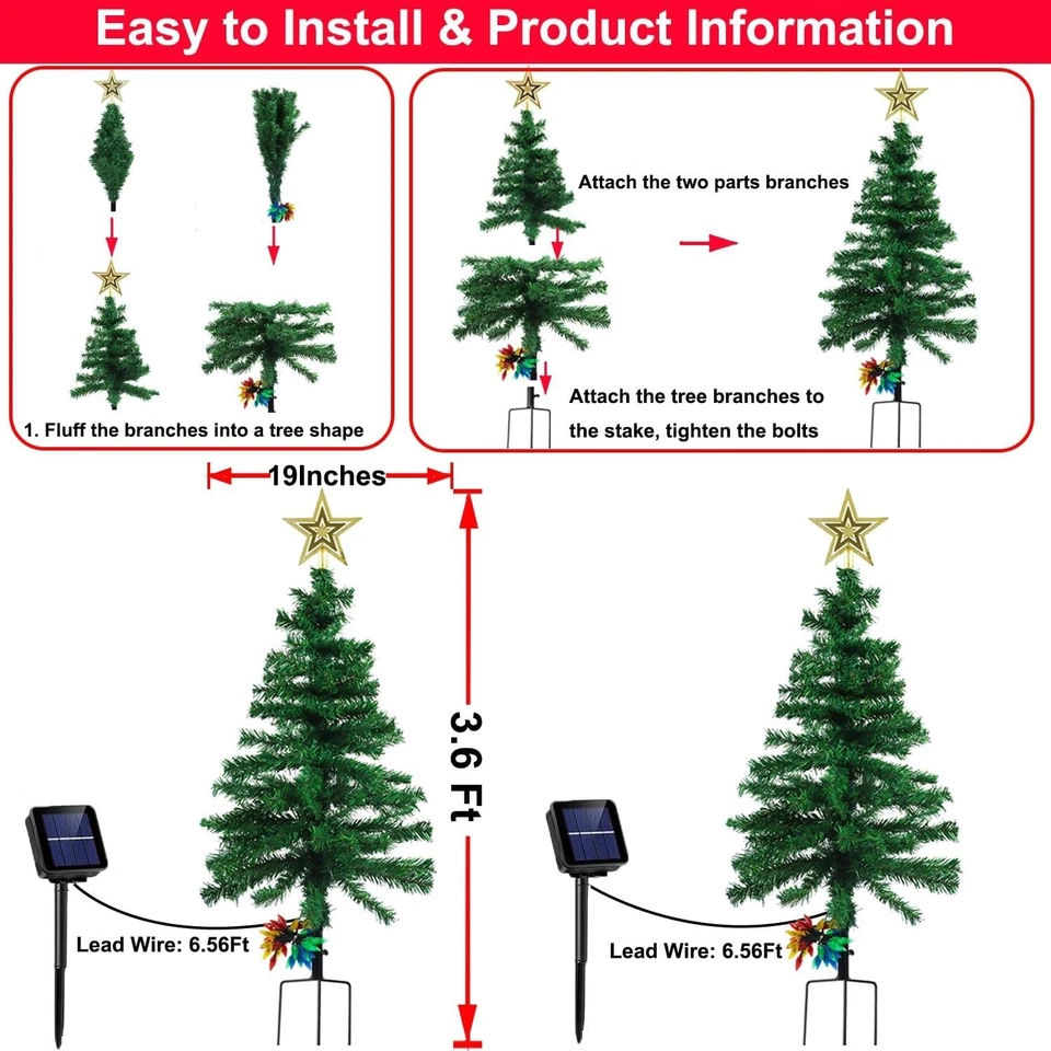 2-Pack 3.6FT Solar Christmas Tree Outdoor Christmas Decorations,8 Modes Solar - Image 4 of 4