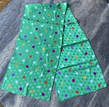 VTG Silk Scarf Green w Purple, Orange,White Polka Dot Pattern Retro Design 46x10