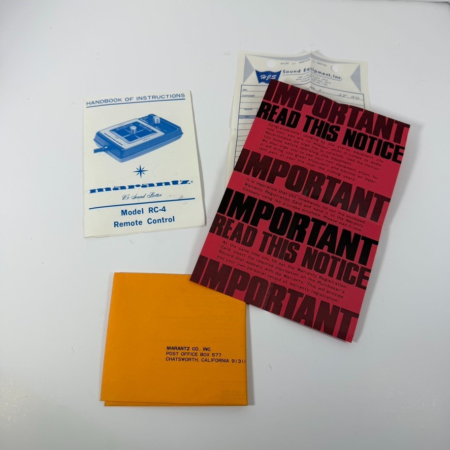 Marantz RC-4 Remote Control Handbook of Instructions Warranty Registration Card