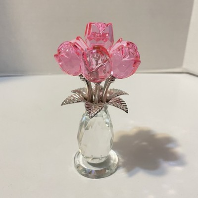 H&D Pink Crystal Rose Bouquet With Silver Leaves & Tall Prism Base
