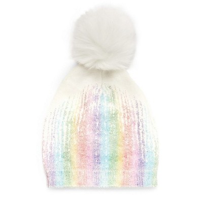 Adrienne Landau Womens Beanie Metallic Knit Faux Fur Pom 