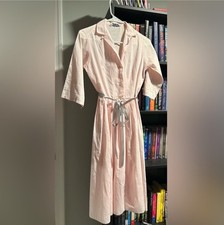 Pink Vintage A-Line Tea Length Collared Button Up Dress with Gray Ribbon Belt