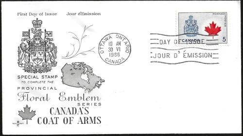 🍁Canada  #429a     "CANADA'S FLAG EMBLEM"      Fine Used  1966 First Day Cover