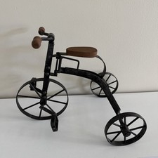 Vintage Miniature Toy Tricycle Black Steel Wood Seat Handles 9.25