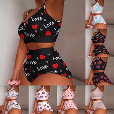 Ladies Fashion Print Pajamas Set Vest Bra Top and Short Sleepwear Nightwear