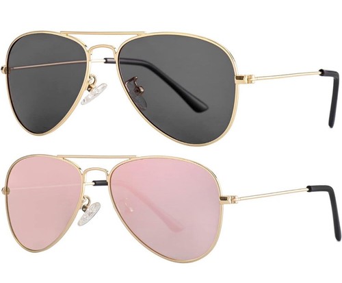 NIDOVIX Kids Polarized Aviator Sunglasses 2 Pack Gold Frames Grey/Pink Mirror - Picture 2 of 6