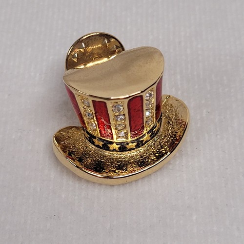 Spilla cappello patriottico zio Sam tono oro strass smalto rosso bianco blu USA - Foto 2 di 7