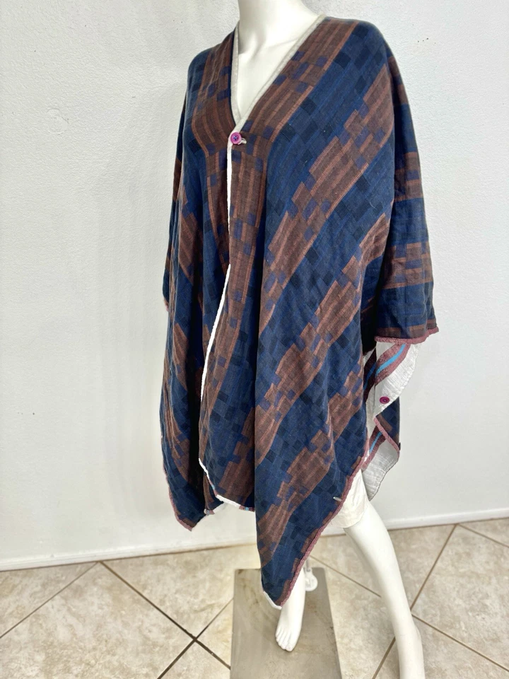 Linen Jacquard Caftan In Blue + Brick Reversible To White W Blue Cotton OOAK 1Sz - Image 4 of 4
