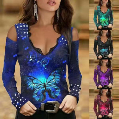 Women Lace V-neck Print Casual Pullover Long Sleeve Gradient T-Shirt Blouse Tops