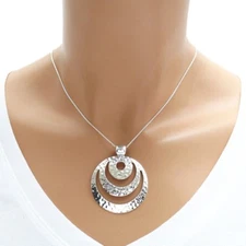 925 Sterling Silver Large Hammered Cut-Out Crescent Round Pendant