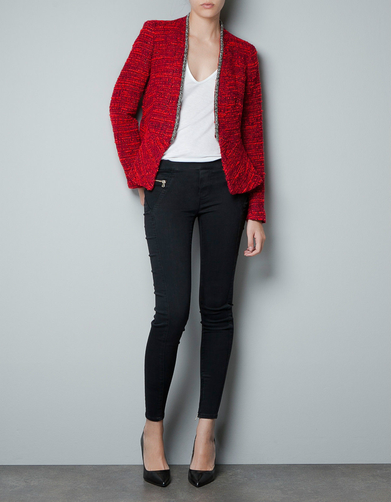 A699 ZARA VERY RARE BLAZER FANTASY BOUCLE RED METAL JACKET COAT EXRA SMALL - XS image 3
