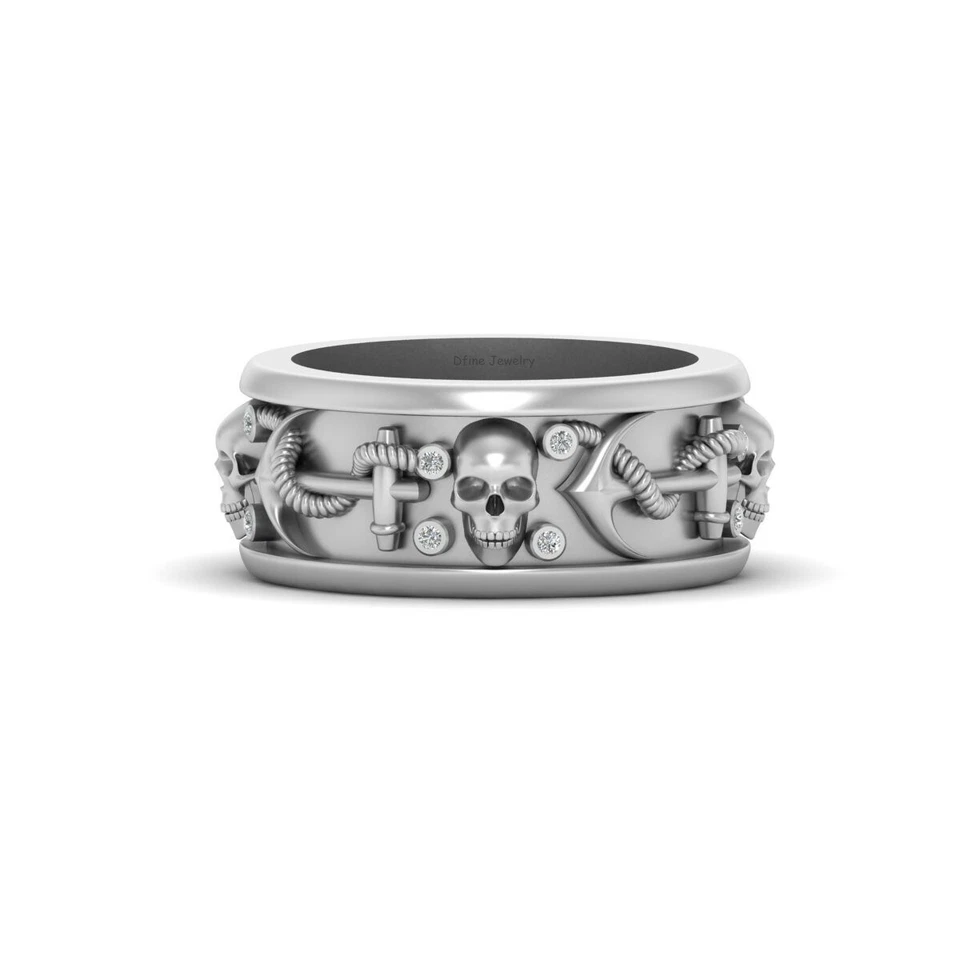 Gothic Skull Wedding Band Nautical Anchor Pirates Simulated Diamond Badass Biker Foto 2 de 4
