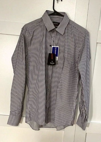 NWT VANTAGE UBER MENS LONG SLEEVE BLUE/WHITE SLIM FIT STRIPED SHIRT, SIZE LARGE