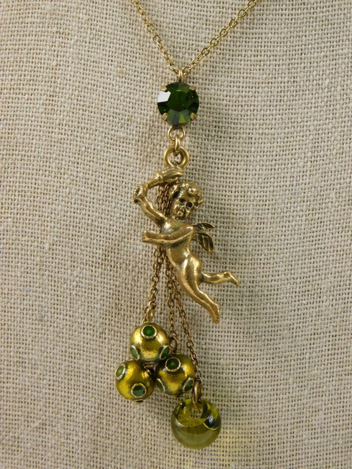 PILGRIM Bronze Tone Green Enamel Crystal Angel Cherub Charm Dangle Necklace 17" - Image 2 of 4