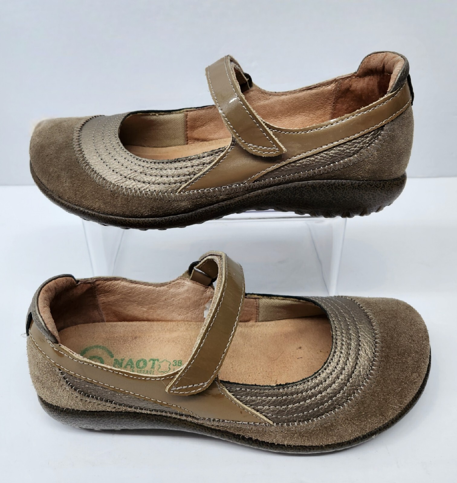 NAOT Womens Size 7M Gold Leather Slip On Hook Loop Mary Jane