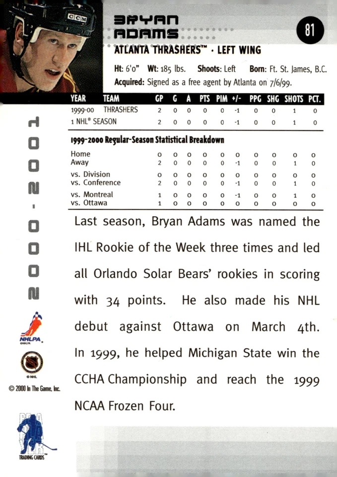 Bryan Adams - Signed 2000-01 In The Game Be A Player Memorabilia RC #81 - Image 2 of 2