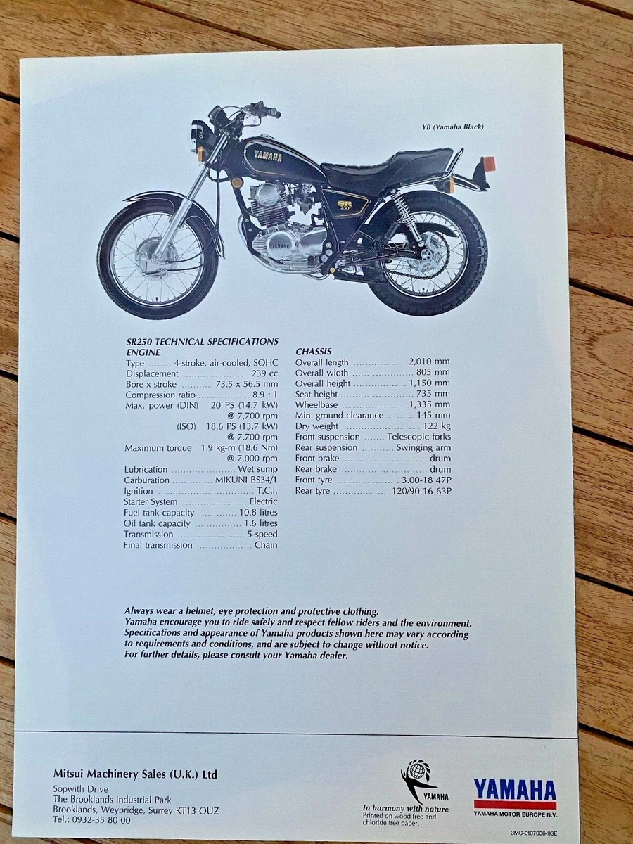 YAMAHA SR250 MOTORCYCLE ENGLISH UK EU SPEC Sales Brochure 1993 X4