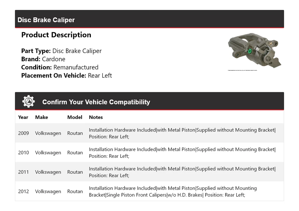 Pinza de freno de disco trasera izquierda cardone 2010 2011 para Volkswagen Routan 2009-2012 Foto 2 de 4