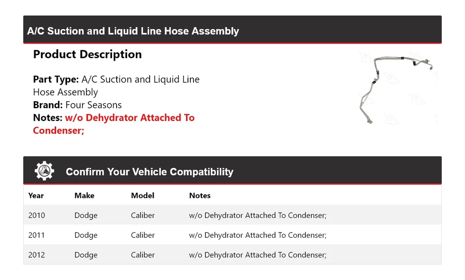 Conjunto de manguera de línea líquida y succión aire acondicionado Dodge Caliber 2010-2012 4 estaciones Foto 2 de 4