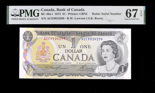 Canada 1 Dollar 1973 PMG 67EPQ 9924299 Radar Serial Number Banknotes - Picture 1 of 2