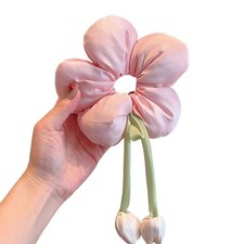 Large Tulip Pink Satin Scrunchy Oversized Flower Ponytail Holder Hair Tie
