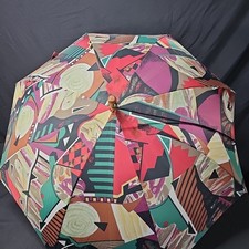Vintage Geometric Design Umbrella With Wood Pole And Carry String