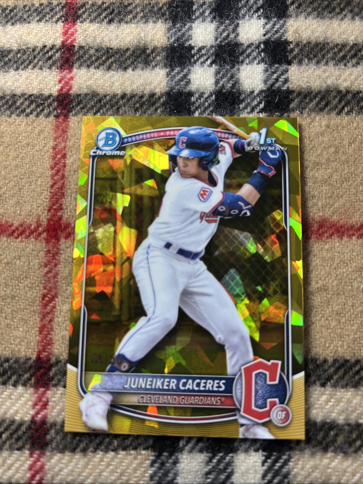 JUNEIKER CACERES 2025 BOWMAN CHROME 1ST SAPPHIRE GOLD GUARDIANS /50 Q2620
