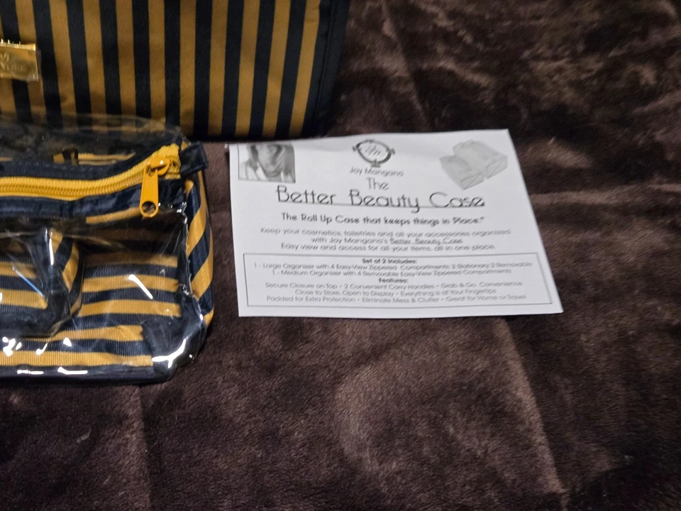 Joy Mangano Better Beauty Case 2-PC Quilted Blue/Gold Roll Up Organizer Travel - Image 2 of 4