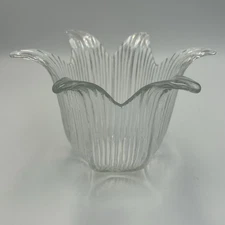 Vintage Clear Ribbed Glass Candle Holder Tulip Shaped With Six Petals ￼￼￼