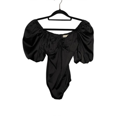 For Love and Lemons Black Satin Puff Sleeve Pixie Bodysuit - XS