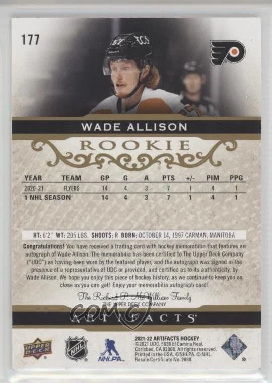 2021-22 Artifacts Rookies Gold Material Relics /149 Wade Allison Rookie Auto RC - Image 2 of 2
