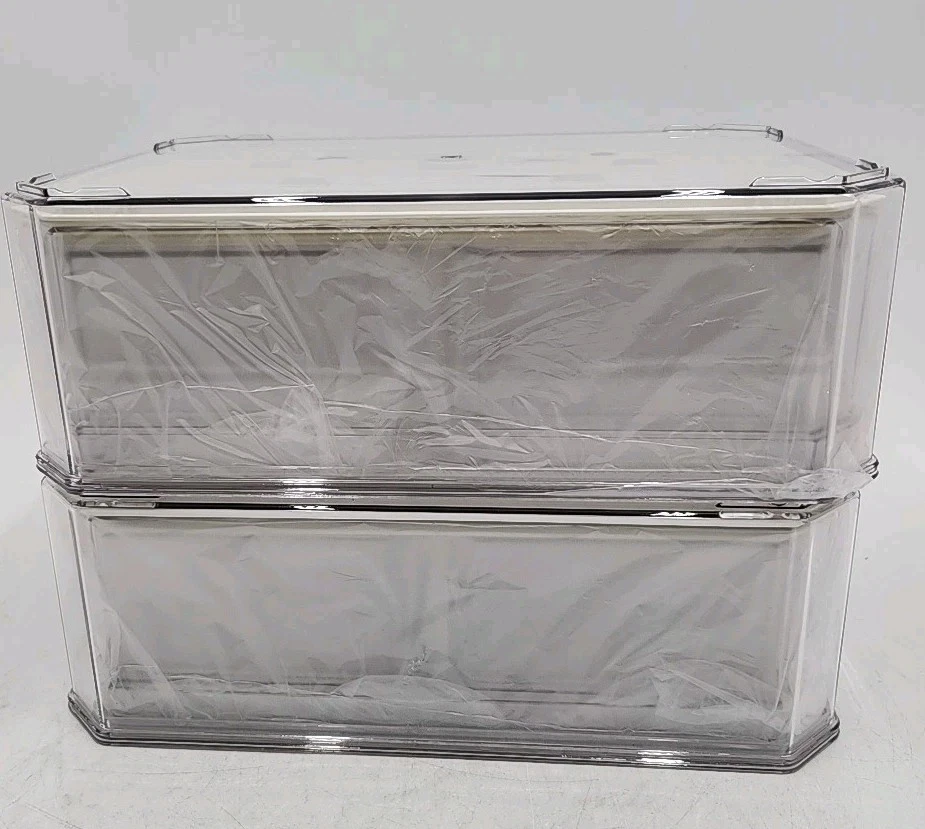 NEW 7-Pack Stackable Refrigerator Storage Bins w/Lids & Drains. Clear. Lot of 2