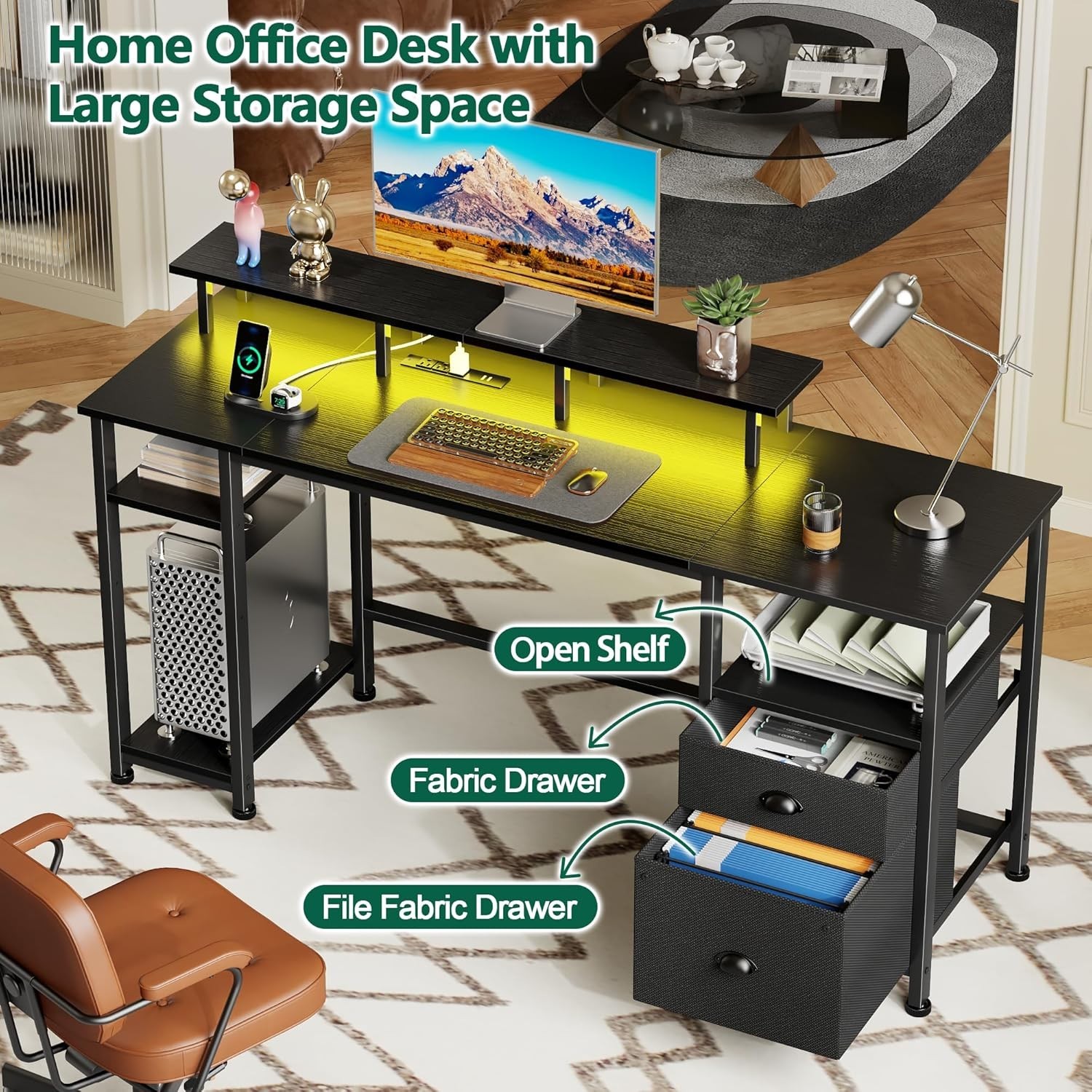 Black Gaming Desk with LED Lights and Power Outlets, 40 Inch Teen Writing Study