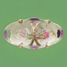 Vintage Weimar Germany Floral Oblong Relish Dish w/ Gold Gilding 7.75"