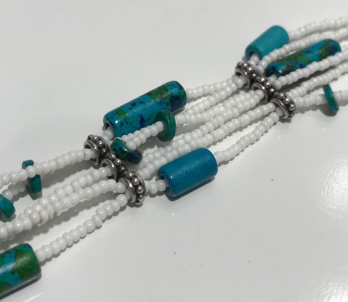 Faux Turquoise Stone White Bead Sterling Silver Clasp Beaded Bracelet - Picture 10 of 12
