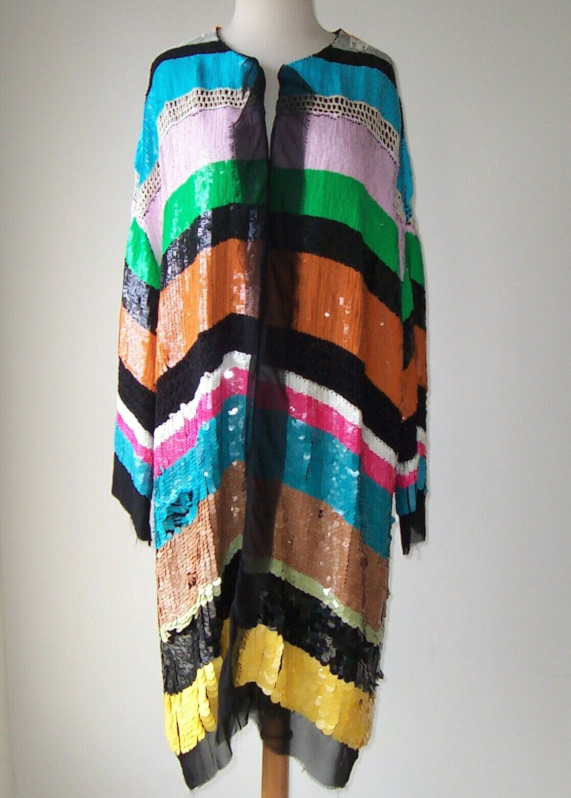 MAURIZIO PECORARO Multi Color Stripe Silk Sequin Embellished Duster Coat 8  10