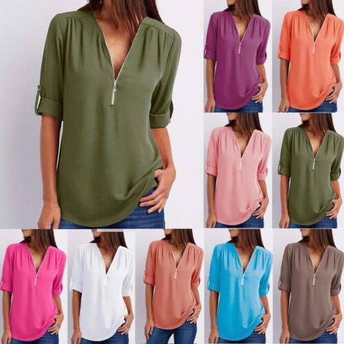 Ladies Clothing Loose Shirt Chiffon Zipper Button Long Sleeves Plus Size Tops
