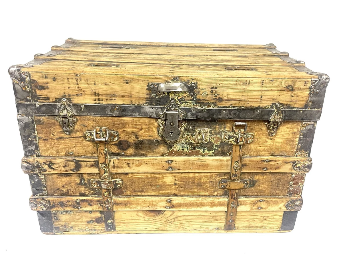 Large 19th Century Antique Wood & Canvas Steamer Trunk