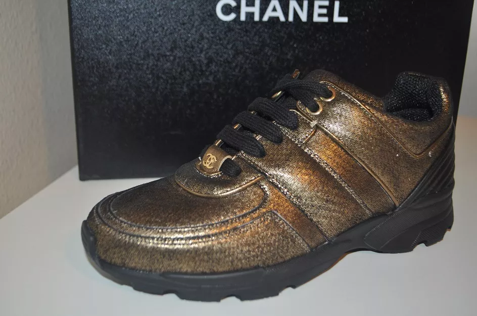 CHANEL 16K Golden Brown Black CC Lace Up Sport Runner Trainer Sneakers 36EU  6US