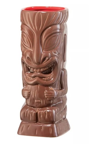 OGGI Tiki Becher Keramik 23 Unzen 8 Zoll großes dunkelbraunes Totem rot innen Hawaii